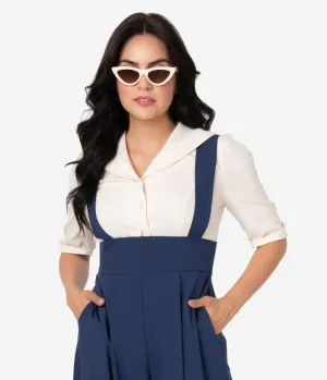 Unique Vintage 1940s Style Cream Button Up Short Sleeve Coco Top