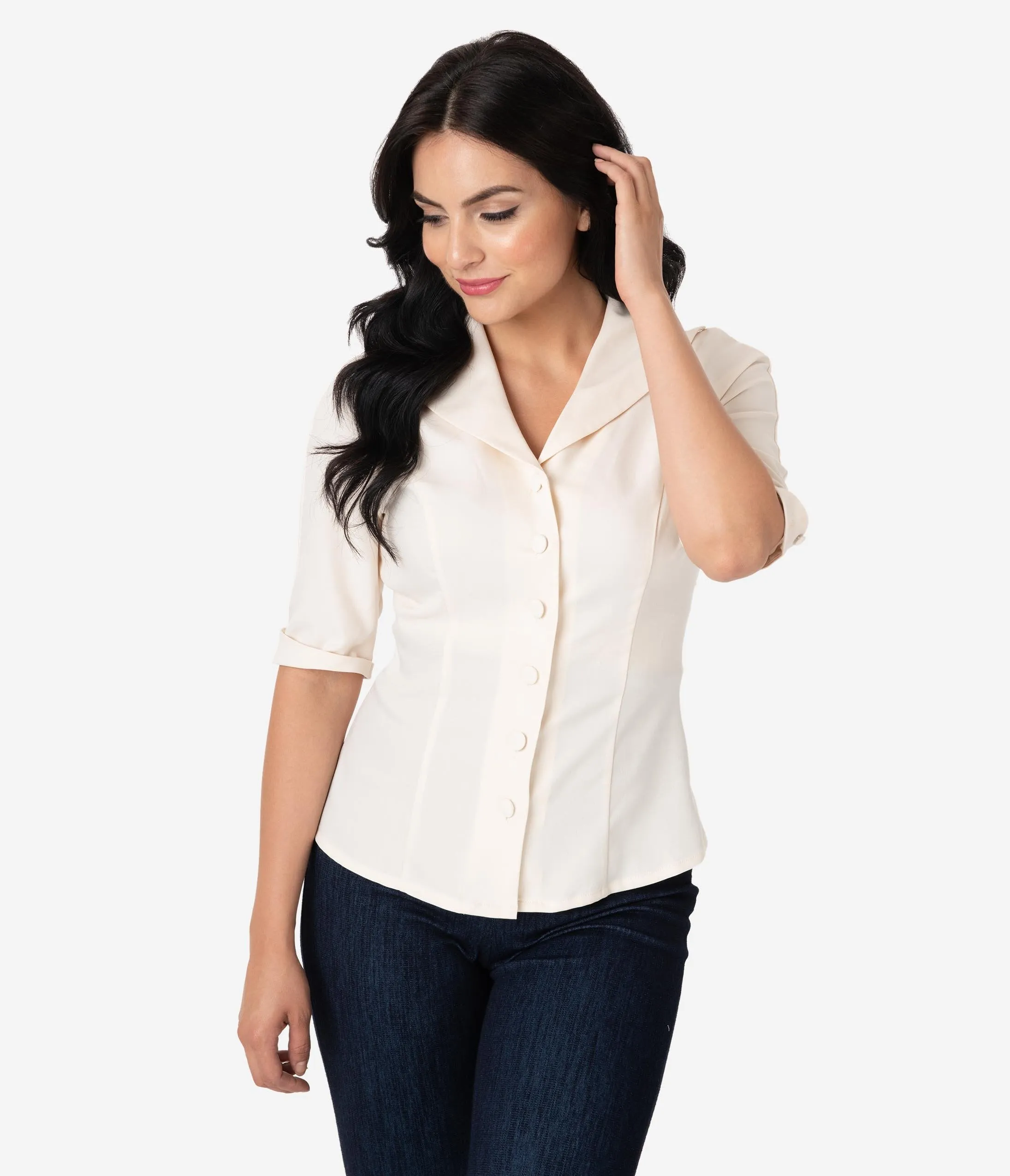 Unique Vintage 1940s Style Cream Button Up Short Sleeve Coco Top