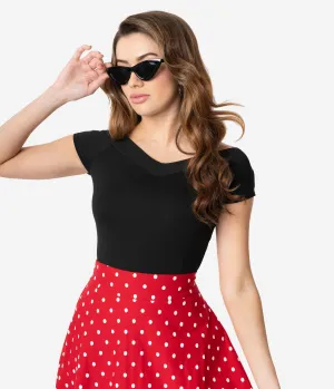 Unique Vintage 1950s Style Black Stretch Knit Cap Sleeve Deena Top