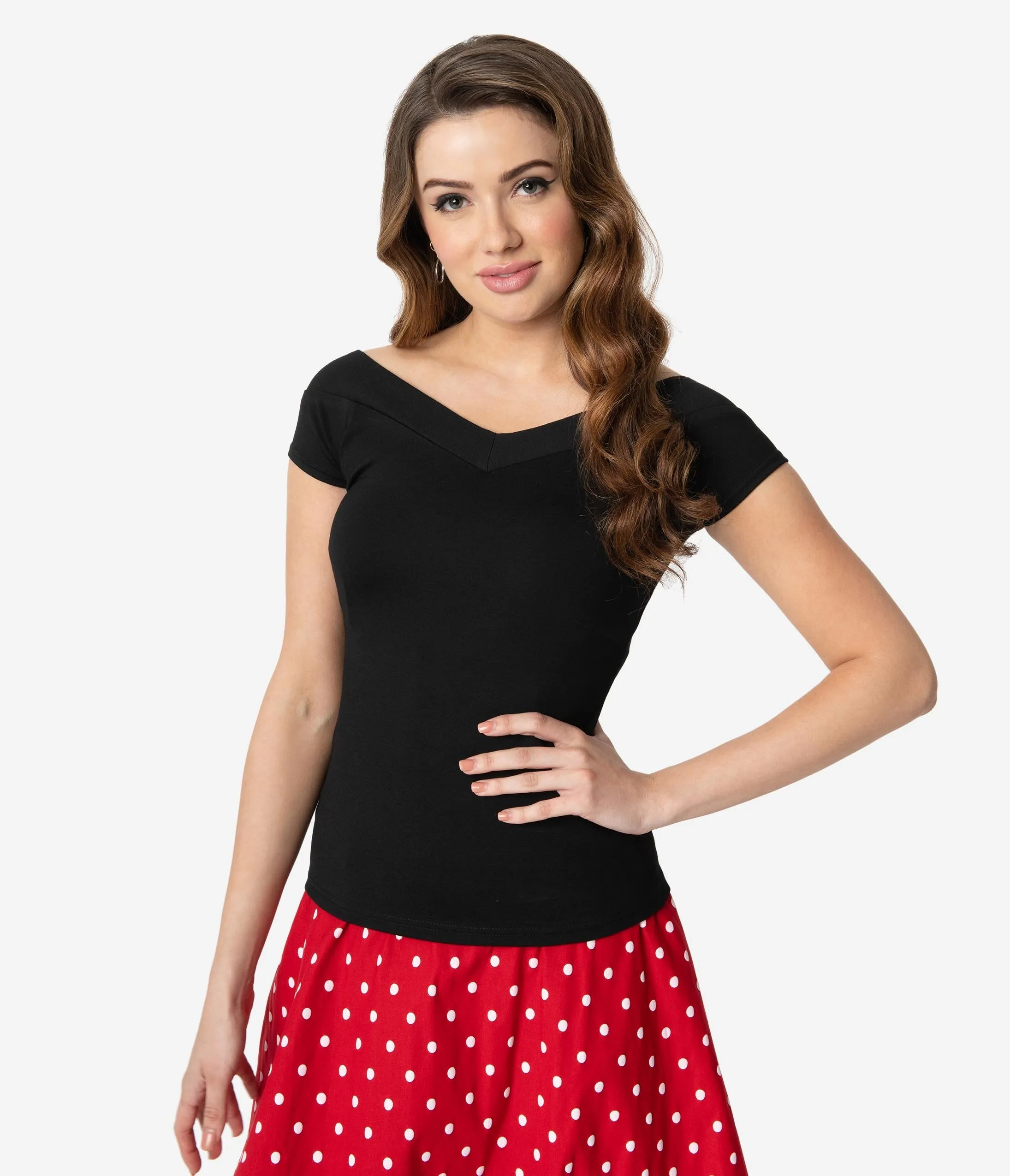 Unique Vintage 1950s Style Black Stretch Knit Cap Sleeve Deena Top