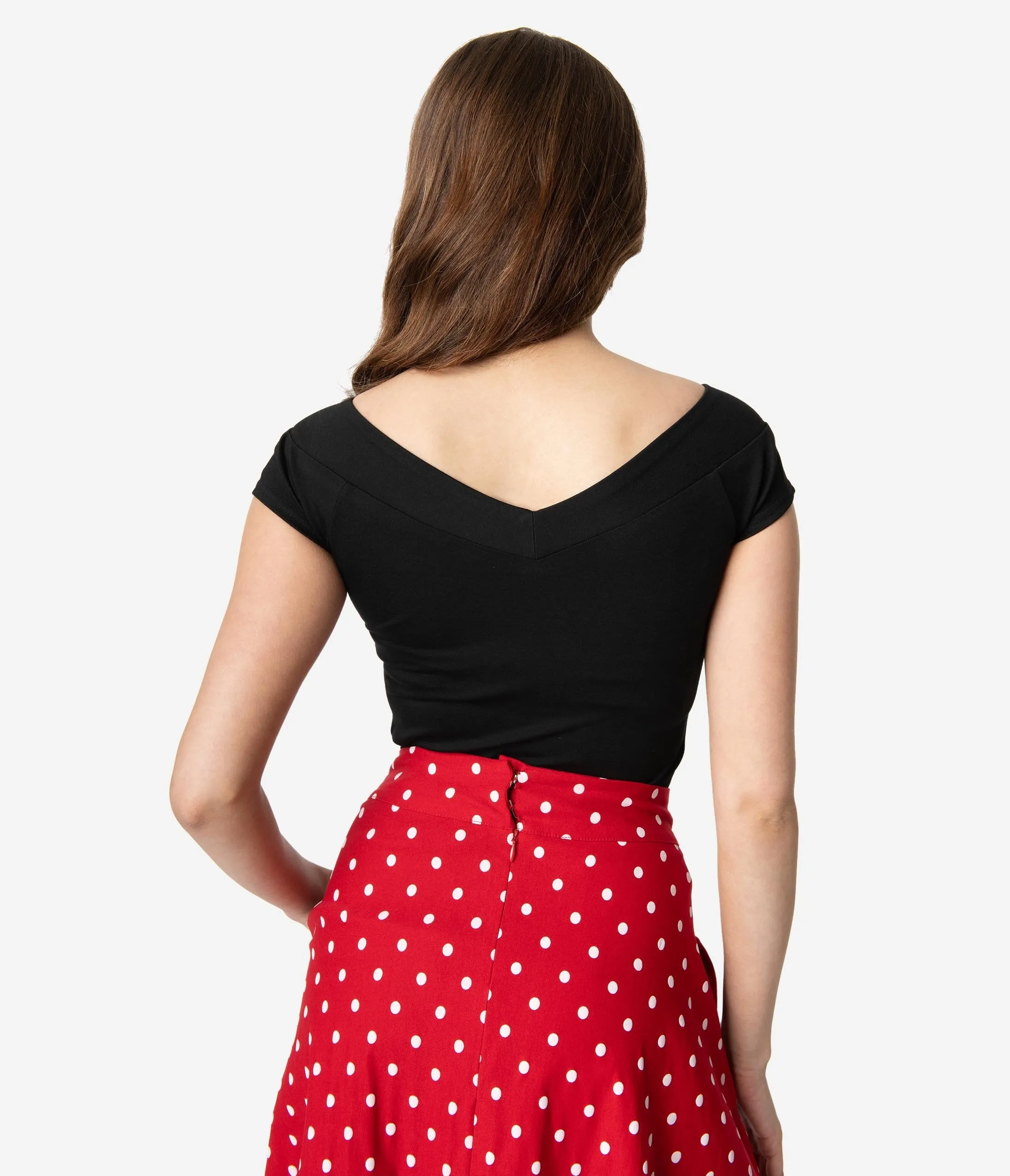 Unique Vintage 1950s Style Black Stretch Knit Cap Sleeve Deena Top