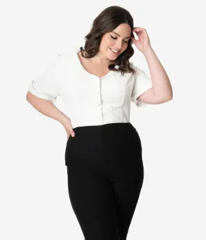 Unique Vintage Plus Size 1940s White Button Up Short Sleeve Coco Top