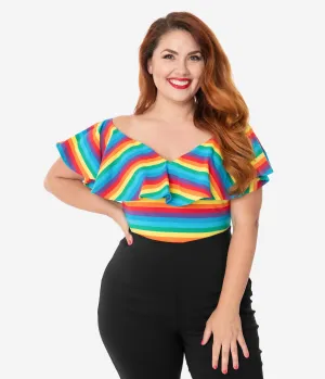 Unique Vintage Plus Size 1950s Rainbow Stripe Ruffle Frenchie Top