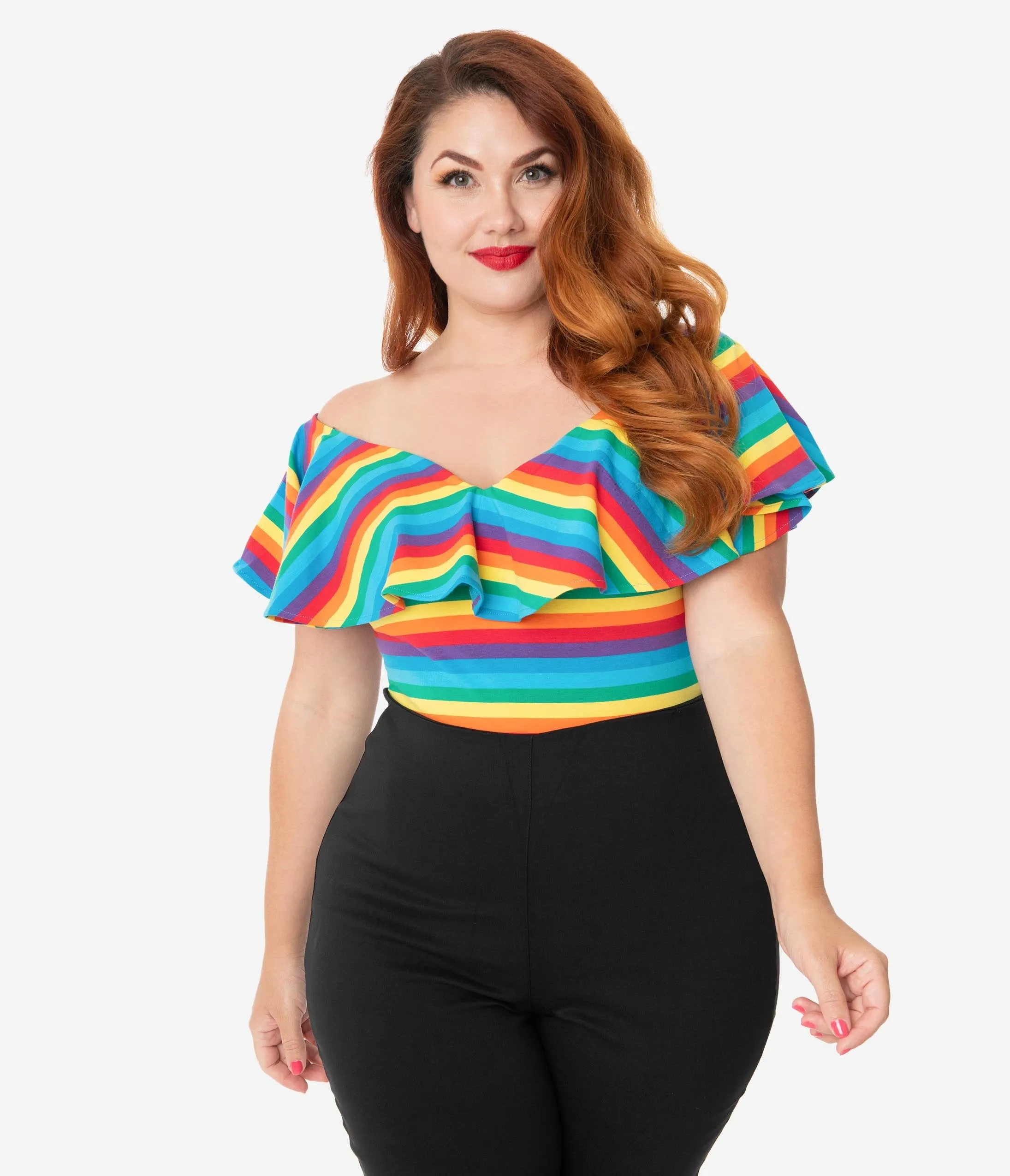 Unique Vintage Plus Size 1950s Rainbow Stripe Ruffle Frenchie Top