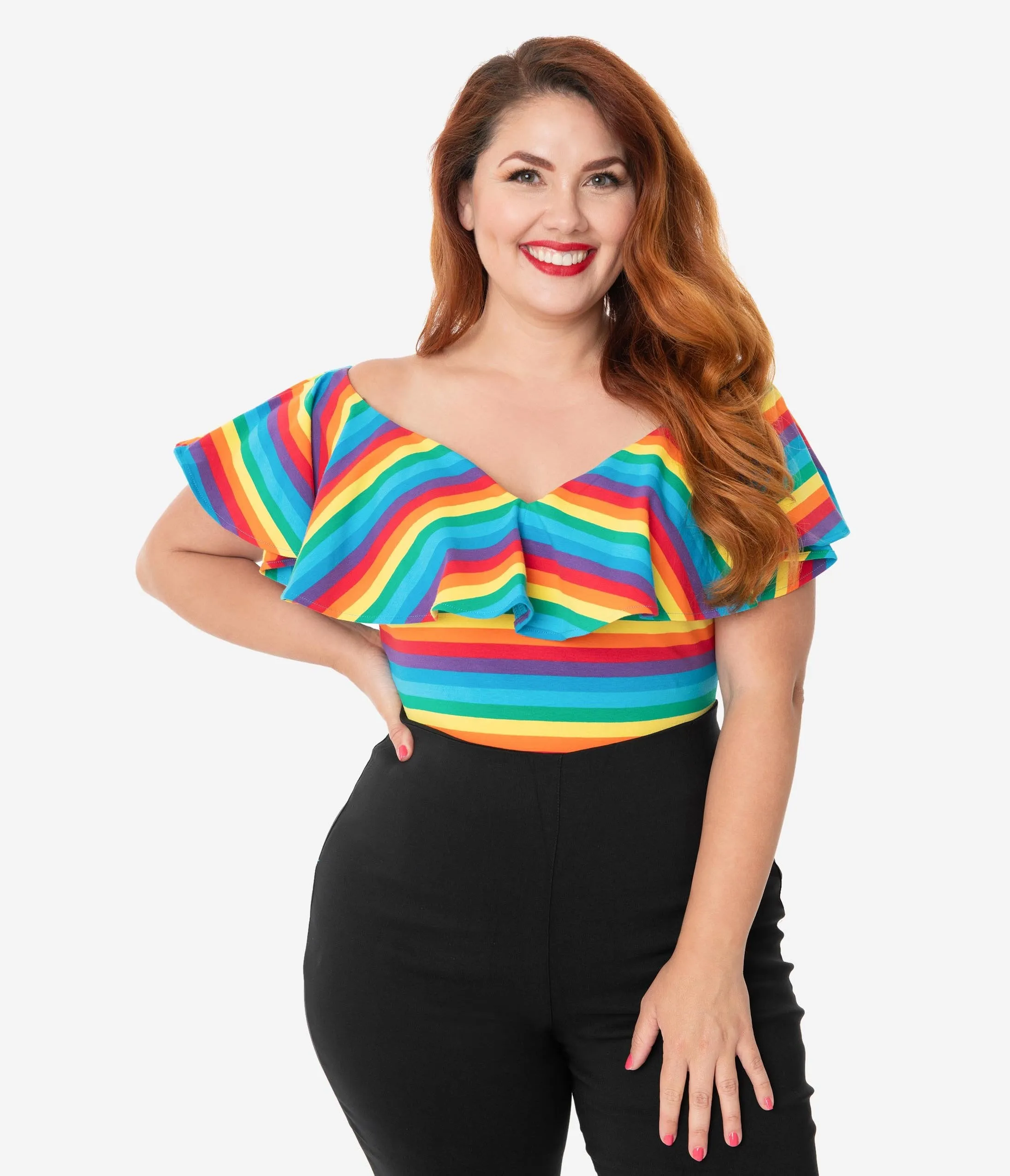 Unique Vintage Plus Size 1950s Rainbow Stripe Ruffle Frenchie Top