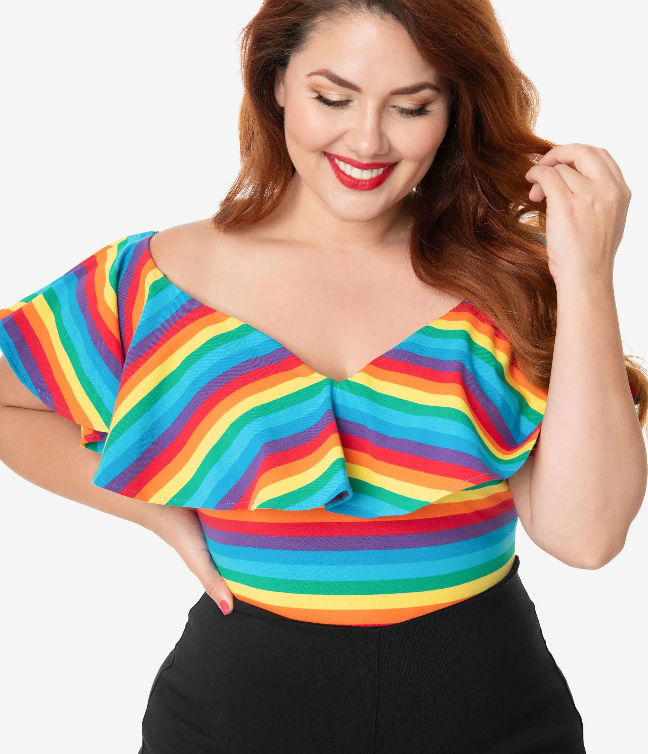 Unique Vintage Plus Size 1950s Rainbow Stripe Ruffle Frenchie Top