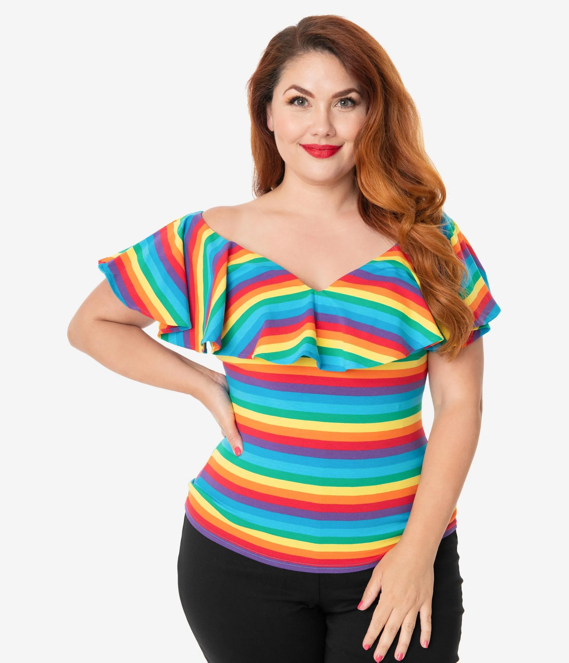 Unique Vintage Plus Size 1950s Rainbow Stripe Ruffle Frenchie Top