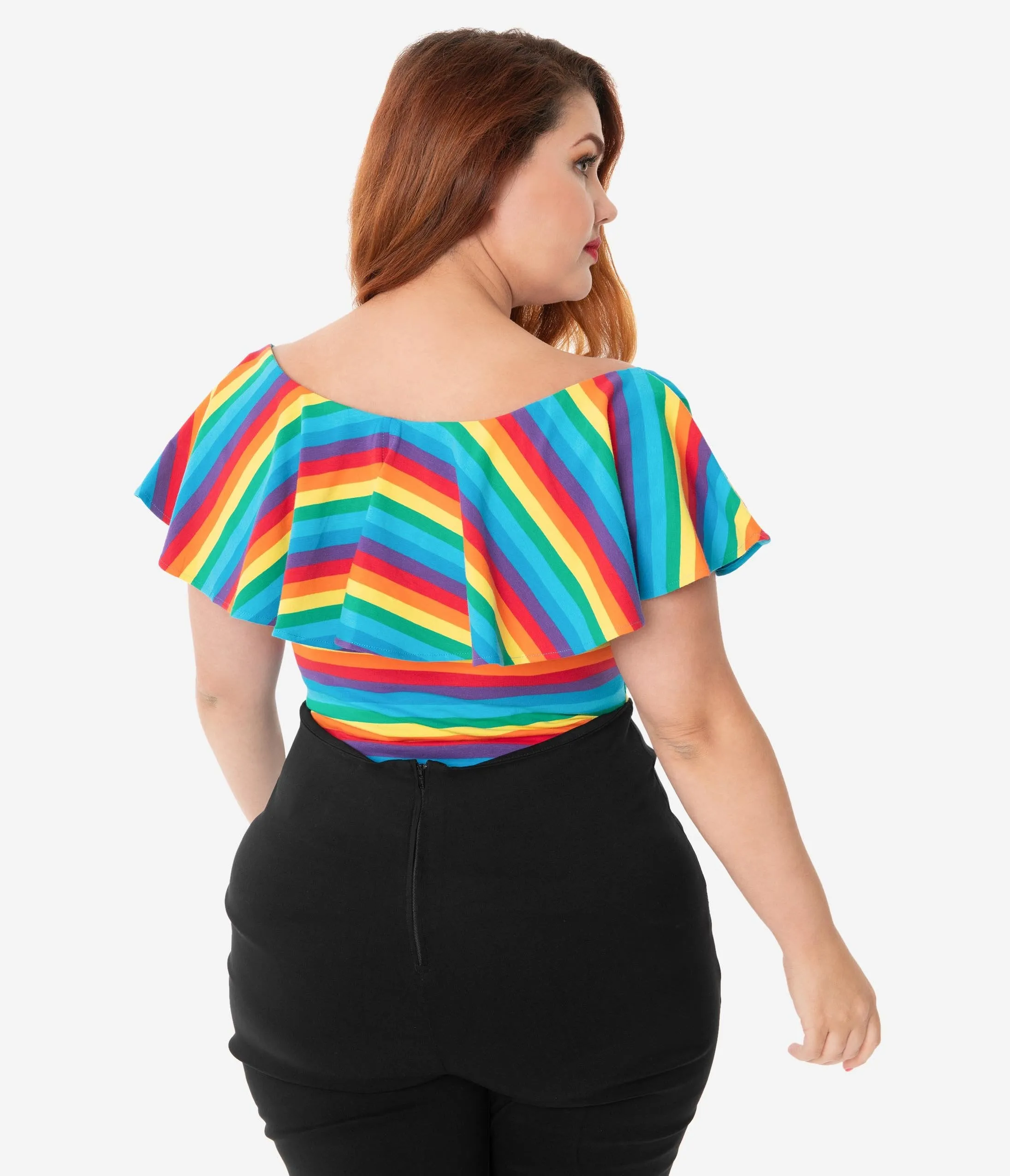 Unique Vintage Plus Size 1950s Rainbow Stripe Ruffle Frenchie Top