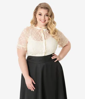 Unique Vintage Plus Size Cream Lace Button Up Short Sleeve Lilette Blouse