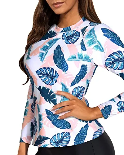 Uv Block Long Sleeve Crew Neck Rashguard Top For Ladies-Blue And Pink Leaf