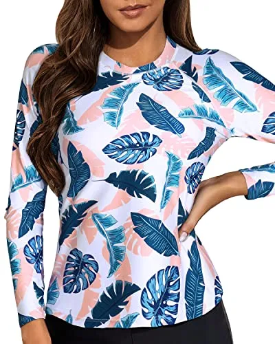Uv Block Long Sleeve Crew Neck Rashguard Top For Ladies-Blue And Pink Leaf