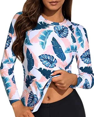 Uv Block Long Sleeve Crew Neck Rashguard Top For Ladies-Blue And Pink Leaf