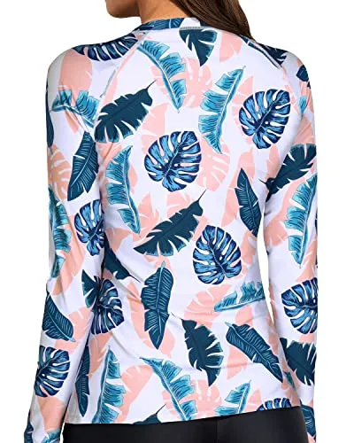 Uv Block Long Sleeve Crew Neck Rashguard Top For Ladies-Blue And Pink Leaf