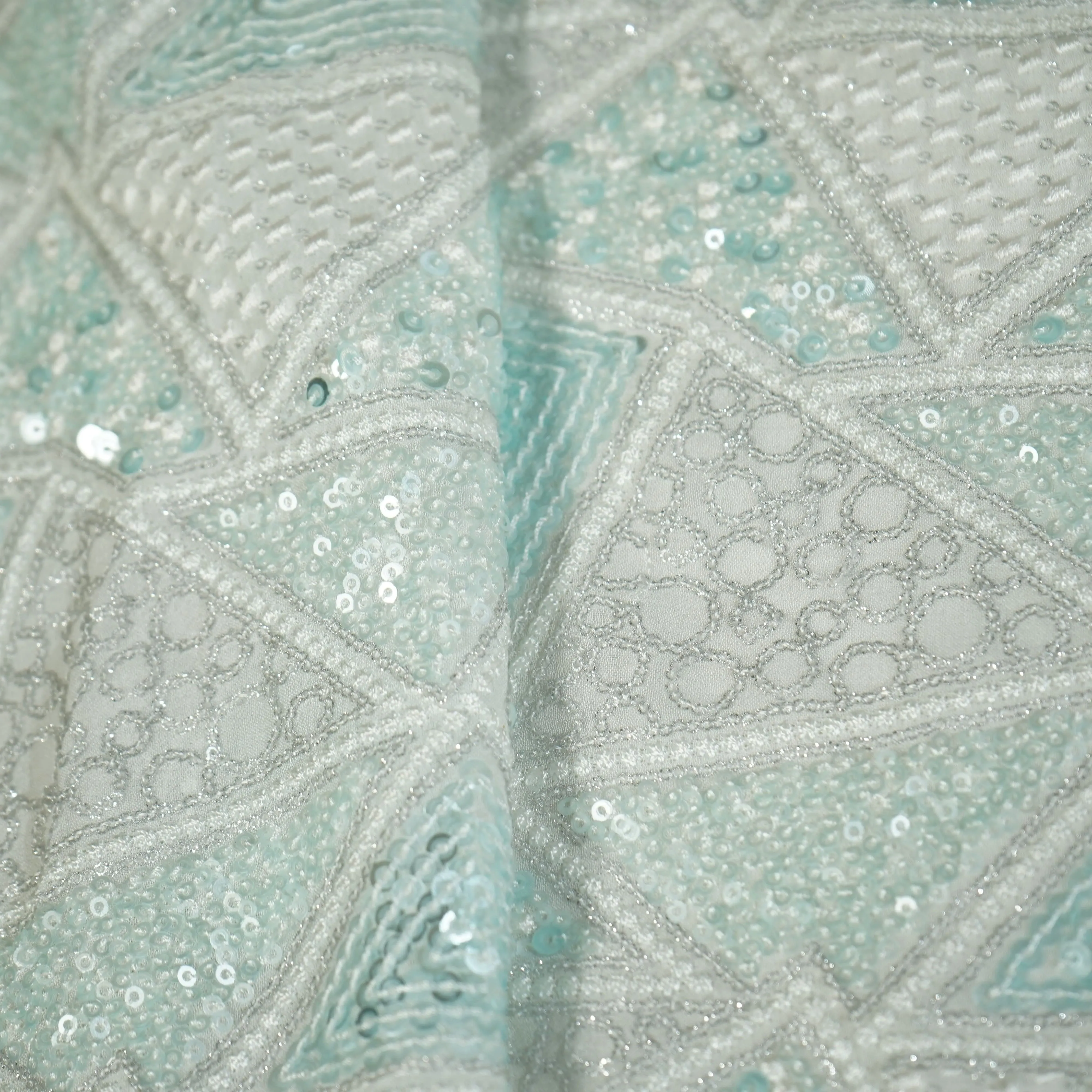 White & Green Geometerical Sequence Thread Embroidery Georgette Fabric 9082