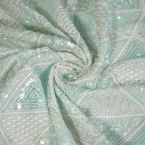 White & Green Geometerical Sequence Thread Embroidery Georgette Fabric 9082