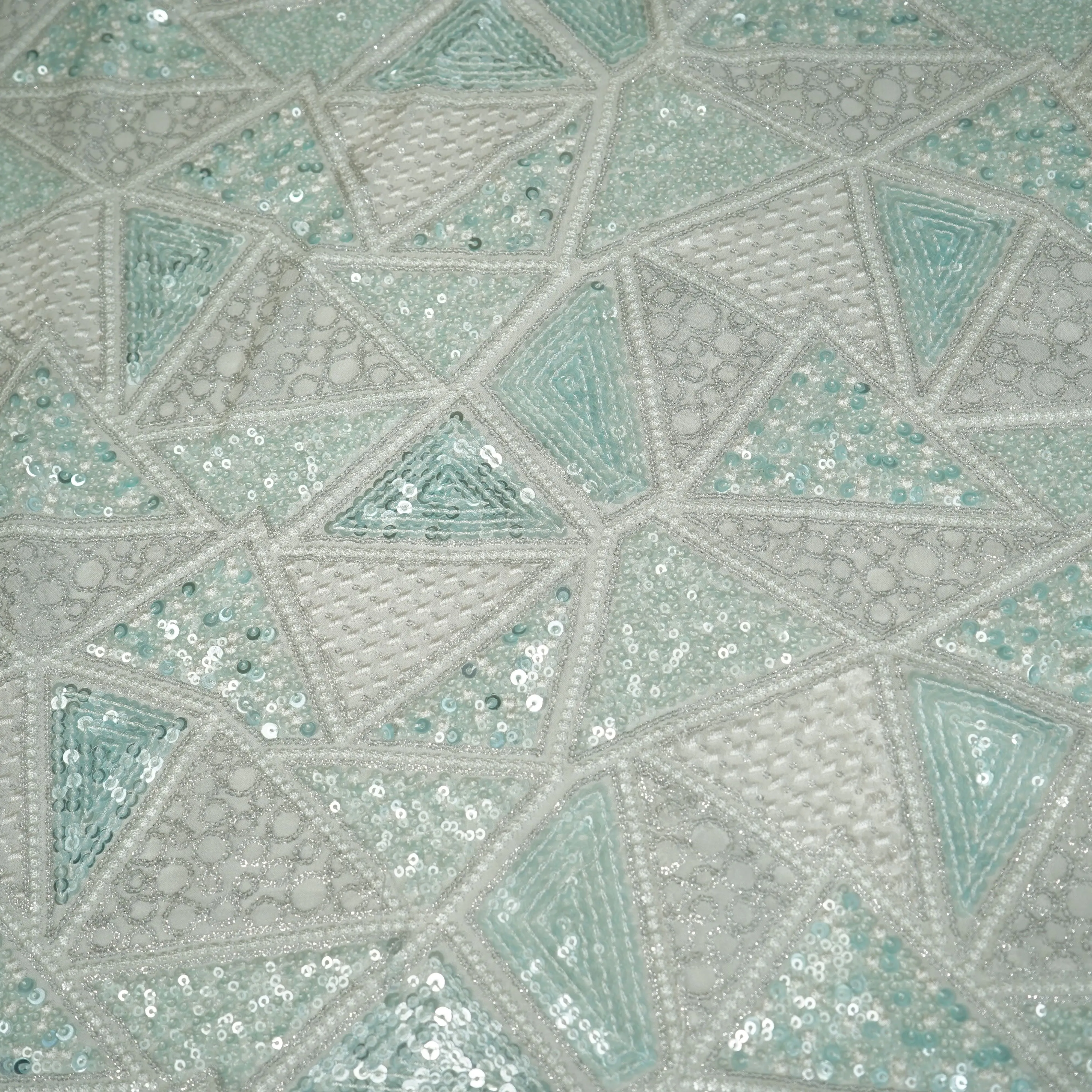 White & Green Geometerical Sequence Thread Embroidery Georgette Fabric 9082