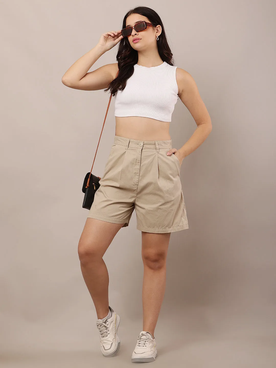 Women Beige Solid Shorts with Belt Loops