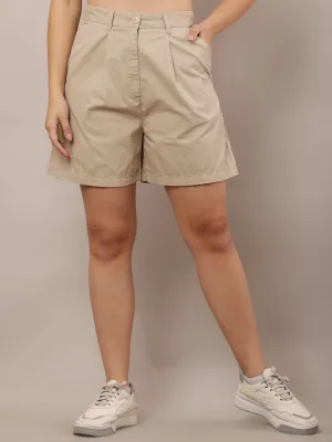 Women Beige Solid Shorts with Belt Loops