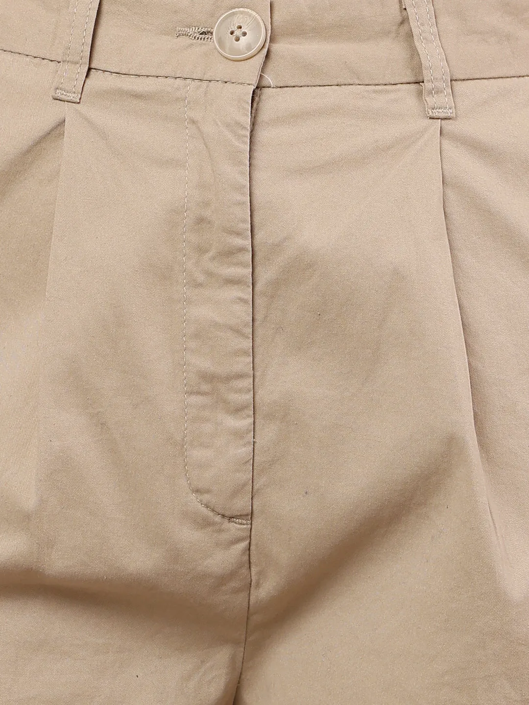 Women Beige Solid Shorts with Belt Loops