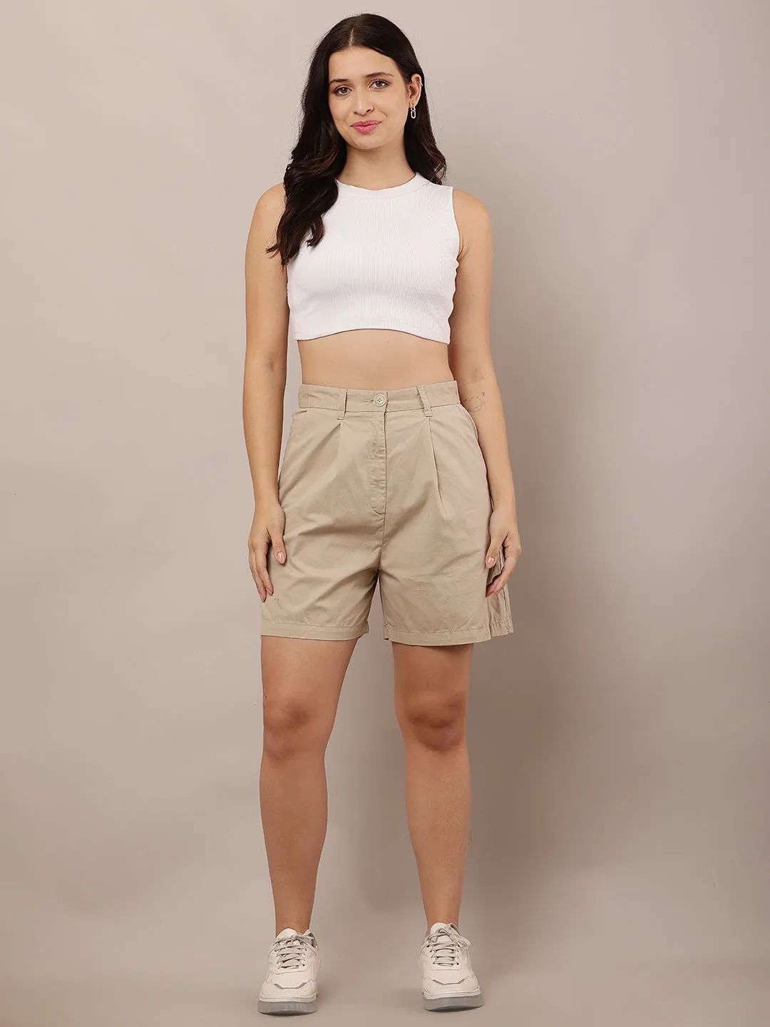 Women Beige Solid Shorts with Belt Loops