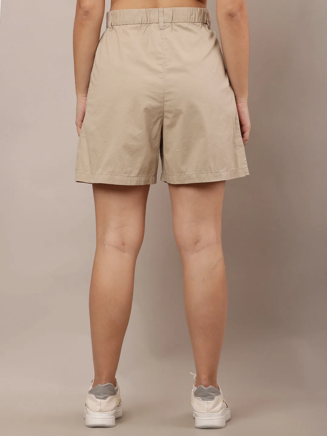 Women Beige Solid Shorts with Belt Loops