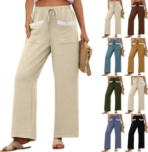Women Linen Pants Summer Wide Leg Lounge Pants Drawstring High Waisted Beach Pants Flowy Trousers Pants with Pockets