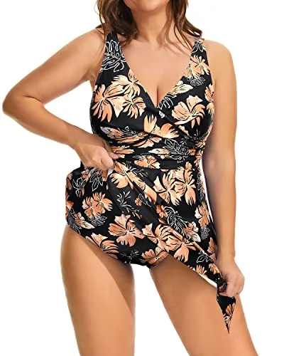 Women's Asymmetrical Hem Swim Dress Built-In Shorts-Orange Flower