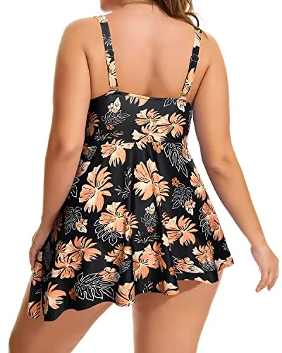 Women's Asymmetrical Hem Swim Dress Built-In Shorts-Orange Flower