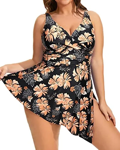 Women's Asymmetrical Hem Swim Dress Built-In Shorts-Orange Flower