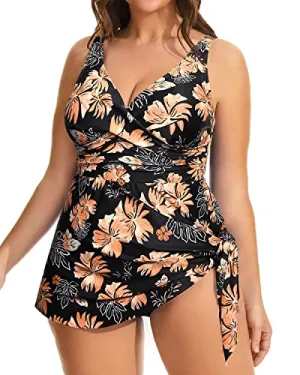 Women's Asymmetrical Hem Swim Dress Built-In Shorts-Orange Flower