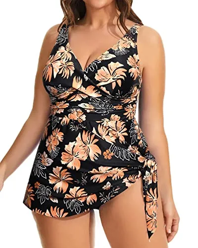 Women's Asymmetrical Hem Swim Dress Built-In Shorts-Orange Flower