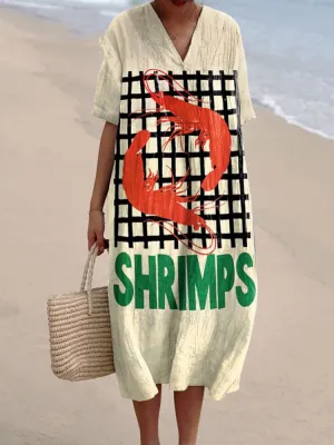 Women's Vintage Fish Shrimp Art Print Flowy Dress