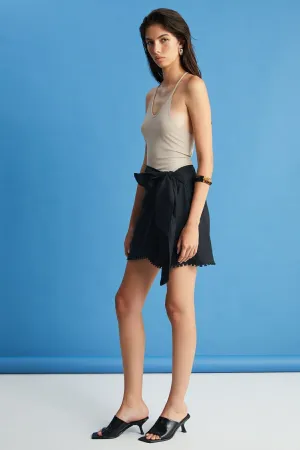 Wrap-over Cut Black Linen Mini Skirt